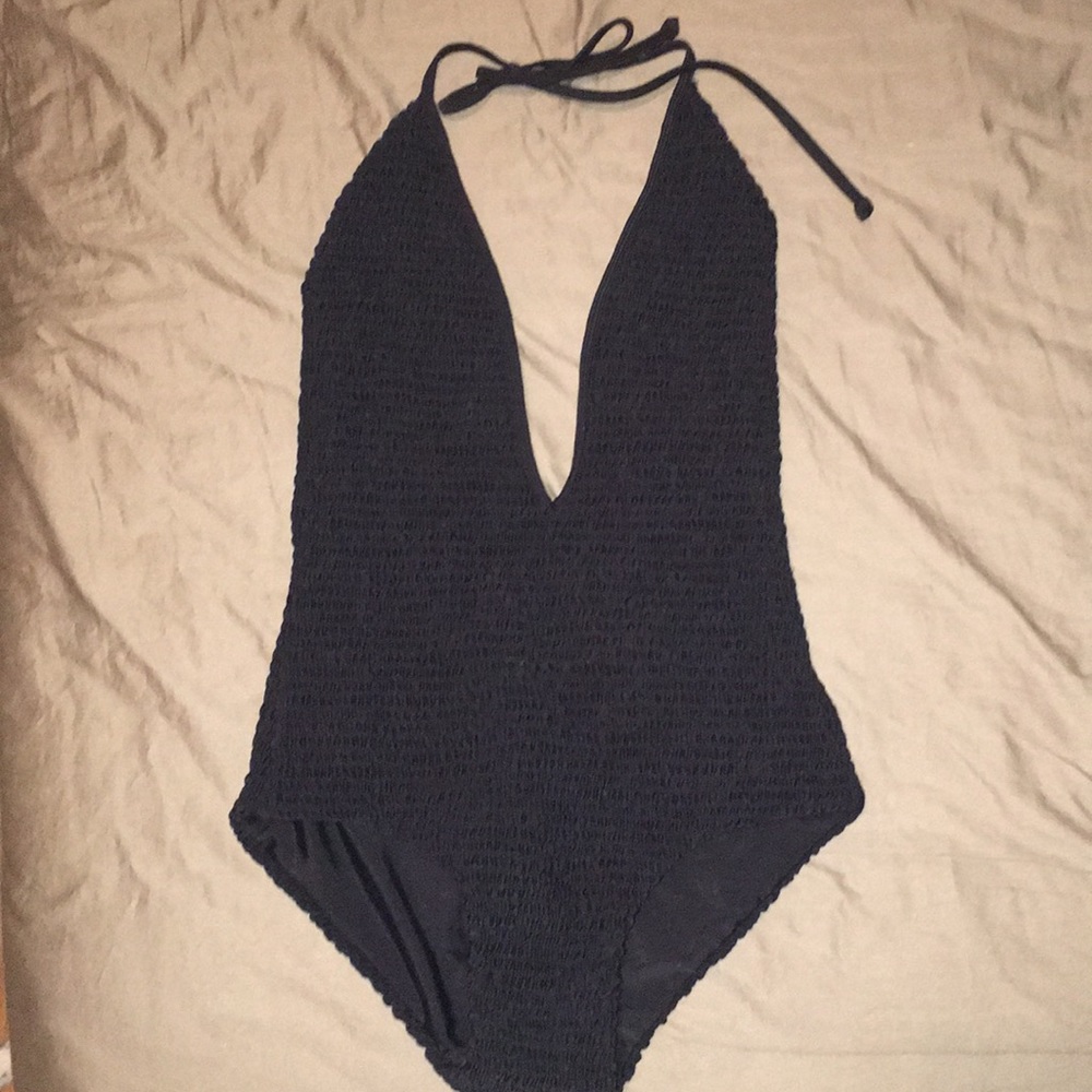 Tori Praver Black smocked one piece swimsuit
